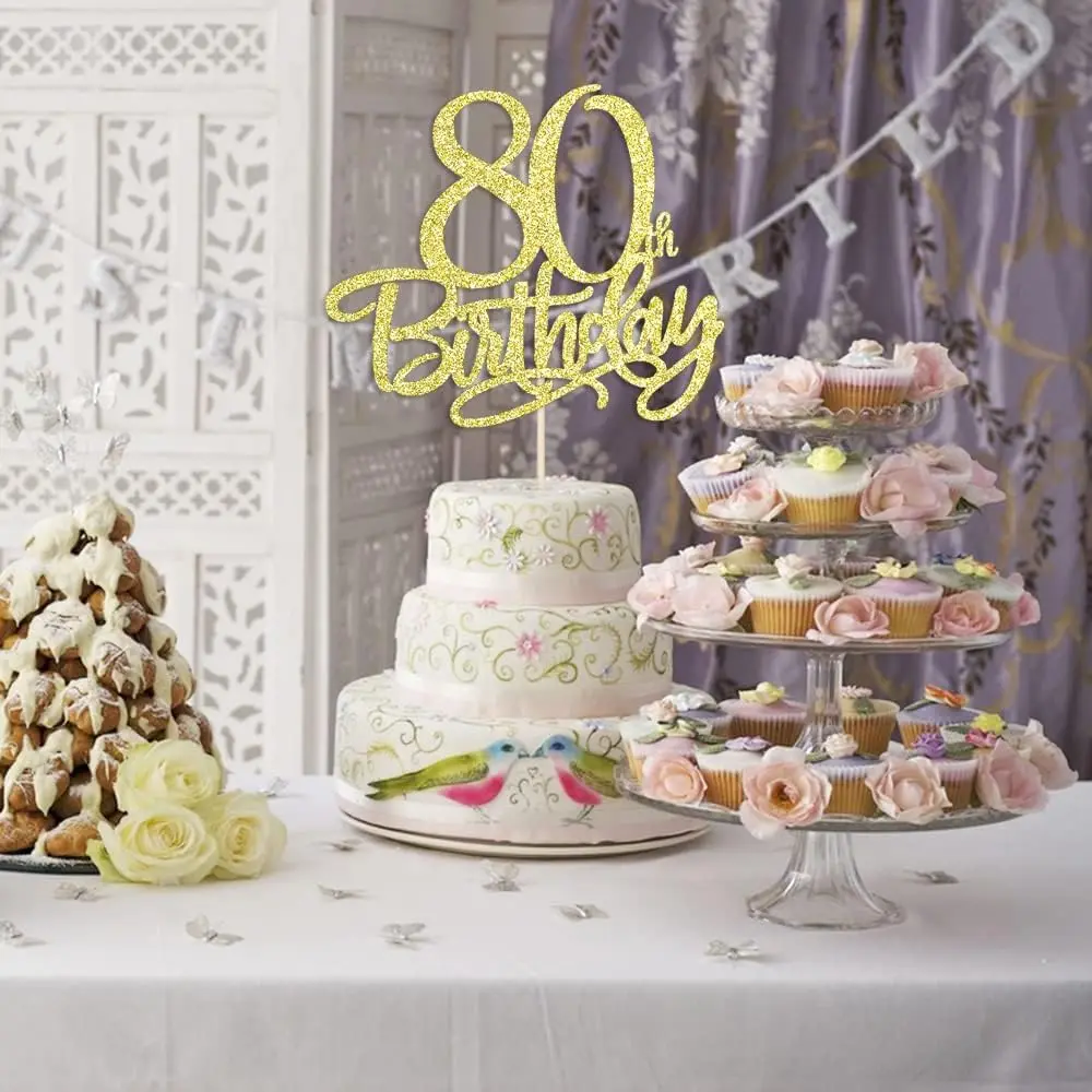 كعكة عيد الميلاد الثامن عشر الذهبية السعيدة، مرحبا 80، يهتف إلى 80 عامًا، 80 وديكور حفلات رائع (80) #4