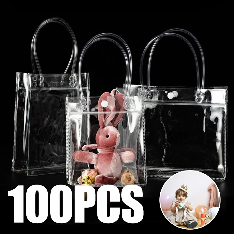 100 Pcs Clear Plastic Gift Bags with Handle Transparent Gift Bag Reusable Tote Bag PVC Goodie Bags for Wedding Party Supplies