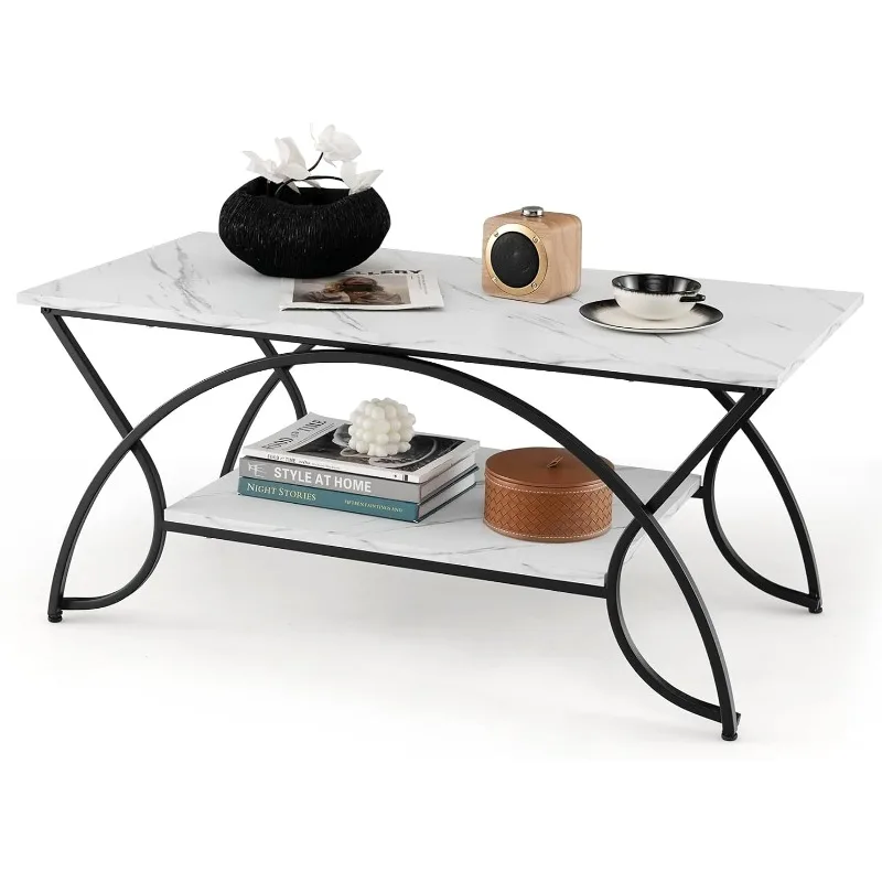 

2-Tier Coffee Table, Modern Faux Marble Accent Table with Storage and Black Finished Metal Frame, Chic Rectangular End Table