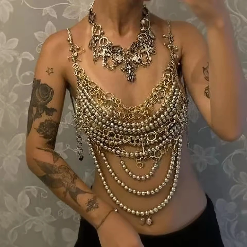 

European & American Hot Girls Sparkling Body Chains Multi-Layer Handcrafted Collier Necklace Sexy Music Festival Outfit