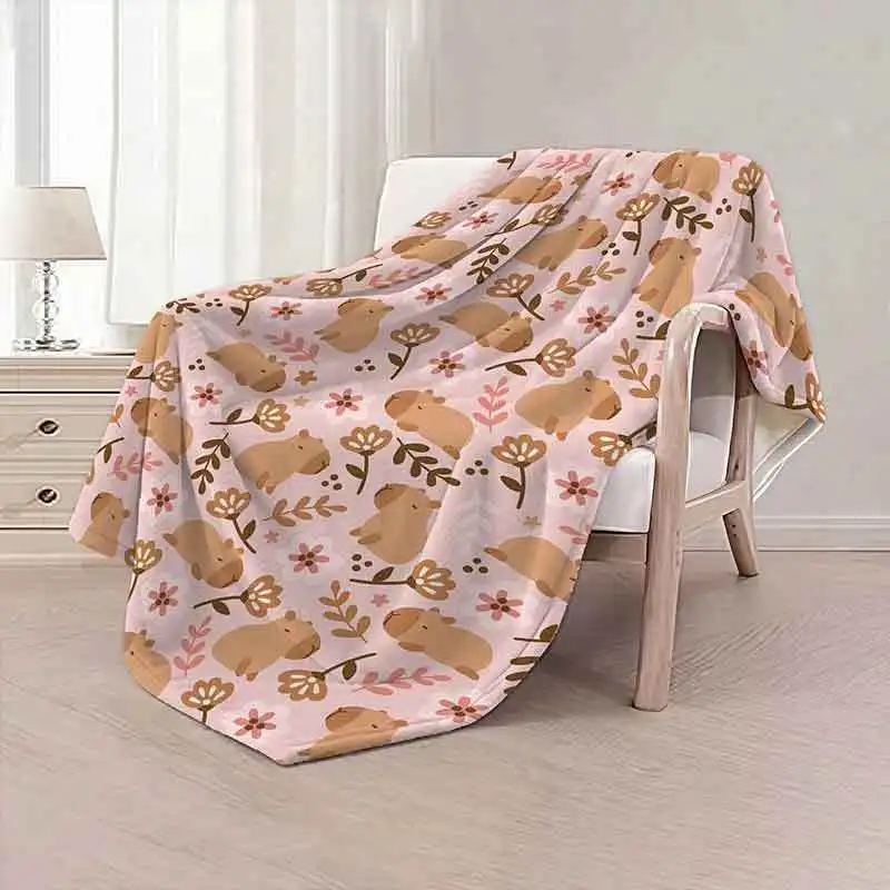 Adorable Capybara And Floral Fleece Blanket, a Soft And Cozy Cartoon Capybara Throw, Perfect for Young People, Animal Lovers, Gr