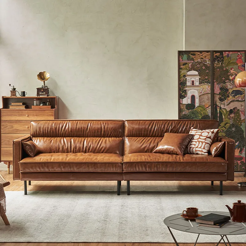 

Leather sofa first layer cowhide small apartment living room straight row three people Nordic style American living room retro o