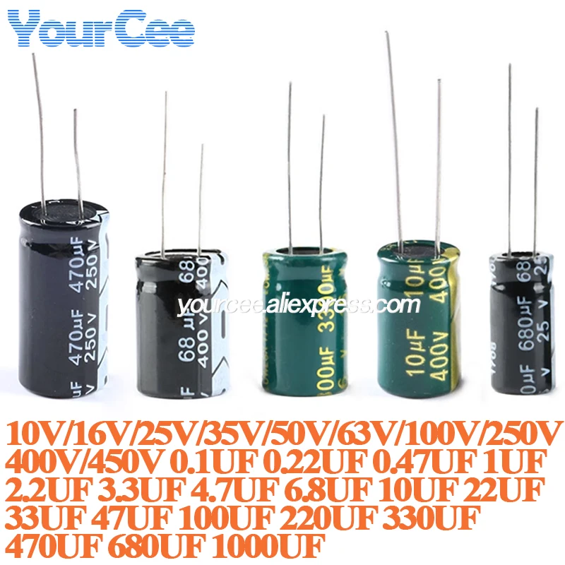 20pcs/5pcs Aluminum Electrolytic Capacitor DIP Capacitance 0.1UF 0.47UF 1UF 10UF 47UF 100UF 220UF 330UF 470UF 680UF 1000UF