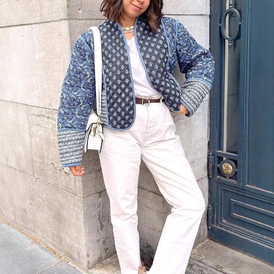 

Women Fashion Autumn Winter New Thin Pocket Decoration Cardigan Cotton Coat Lady Commuting Clothing Vintage Flower Print Jacket