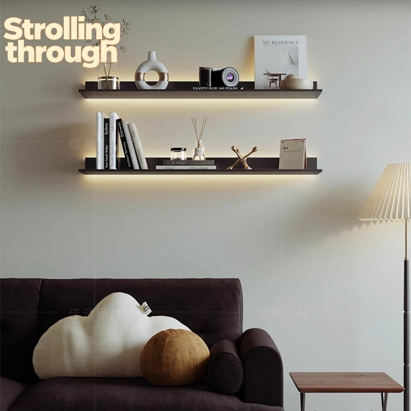 

‌LED Wall Shelf with Lights, Anti-Slip Floating Spice Rack, Modern Metal Bookcase, Creative Kitchen Wine Storage Organizer