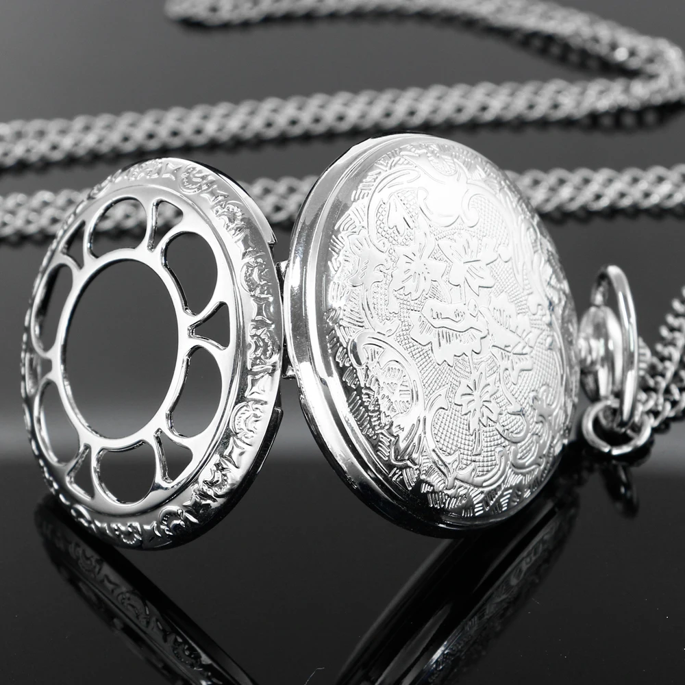 Orologio da taschino al quarzo con pietra preziosa cava in argento Orologio da donna da uomo Steampunk Collana vintage con catena al quarzo Orologio da taschino Reloj