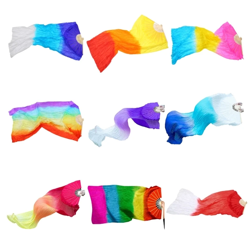 Beautiful Faux Silk Belly Dance Fan Veils Colorful Tie-Dyed Bamboo Long Fans for Stage Performances Easy to Control