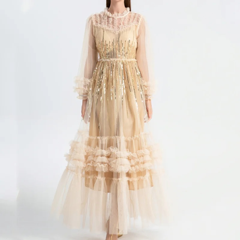 

Summer New Sequined Mesh Embroidered Flowers Round Neck Long Sleeved Elegant Maxi Dress High Waist Women's Vestidos