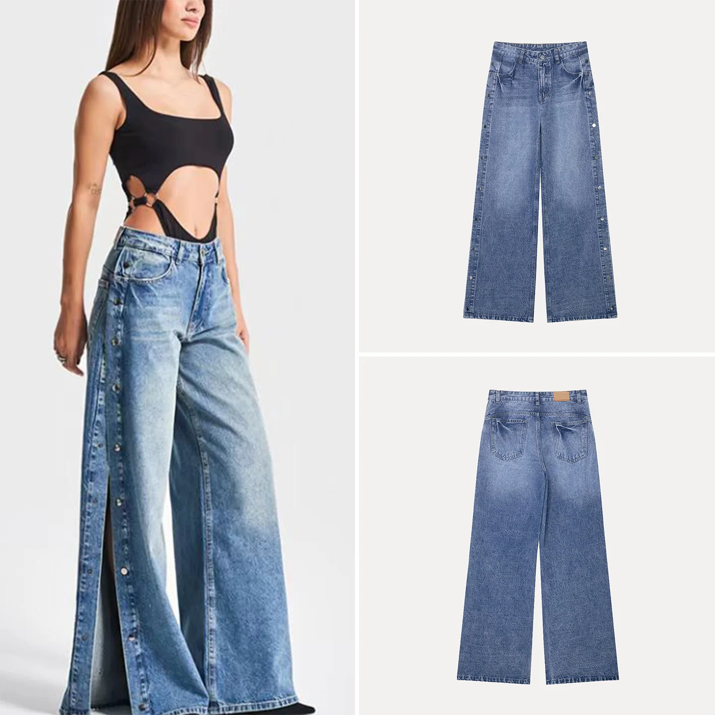 

Модные свободные джинсы с высокой талией, женские свободные джинсы, лето 2023, прямые брюки на молнии, повседневные джинсовые брюки из полиэстера