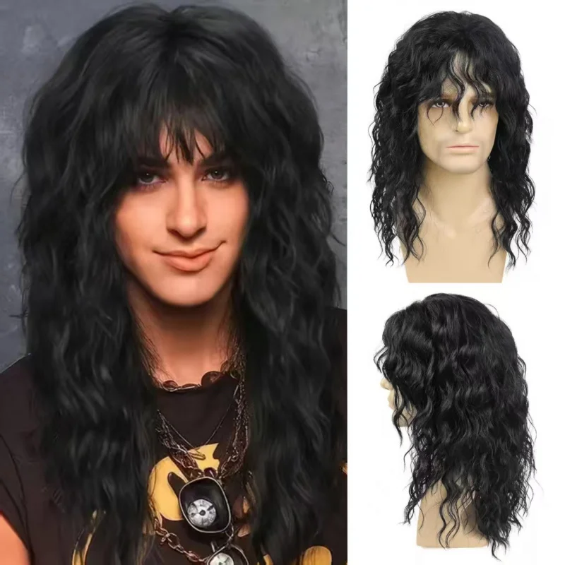 

Европейский и американский мужской черный длинный кудрявый парик в стиле панк-рок 80-х для Хэллоуина, косплей-аксессуар