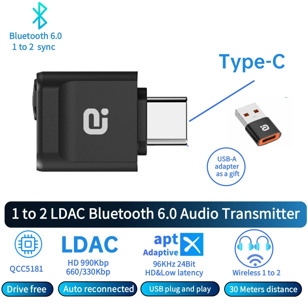 Type-C Bluetooth 6.0 Transmitter QCC.5181 LDAC AptX Lossless/HD 96kHz/24bit Wireless Adapter 1 to 2 Outputs For Phone/PC/Tablet