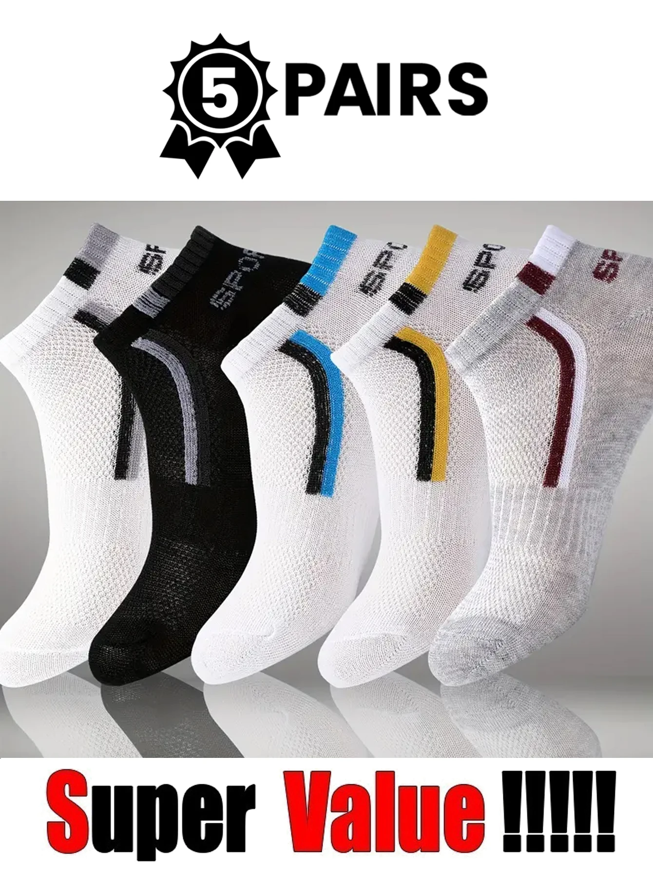 

5Pair Men's Anti-Slip Ankle Boat Socks Block Print Breathable Sweat Resistant Anti-Odor Comfortable for Business & Sports