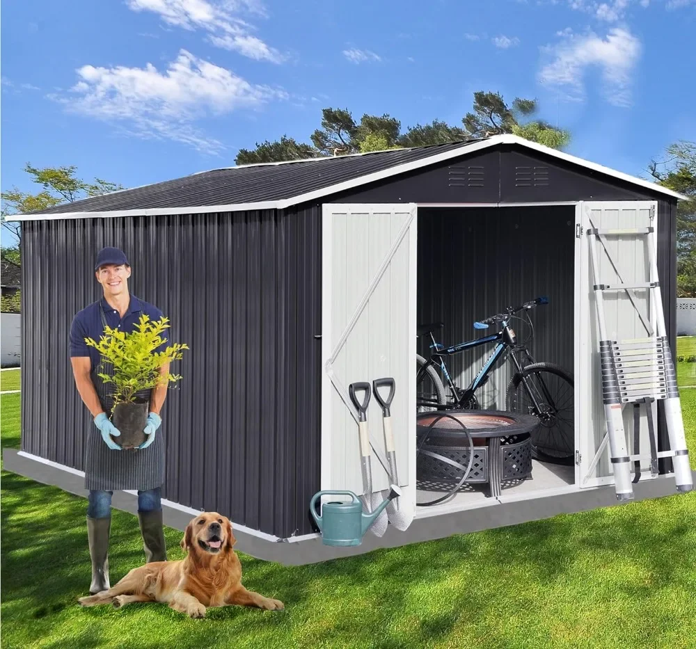 10x8 FT Outdoor Storage Shed, Galvanized Steel Metal Garden Sheds Kit with Double Lockable Door, Oversized Tool Sheds