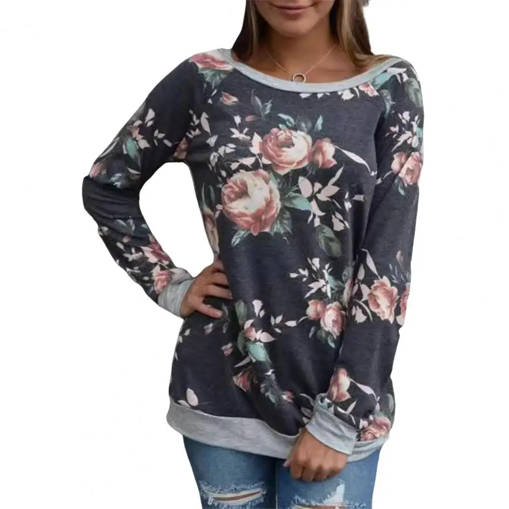 

Women T-shirt Flower Print Raglan Sleeve Tee Shirt Color Block Round Neck Top Mid-length Patchwork Pullover for Women Elastic