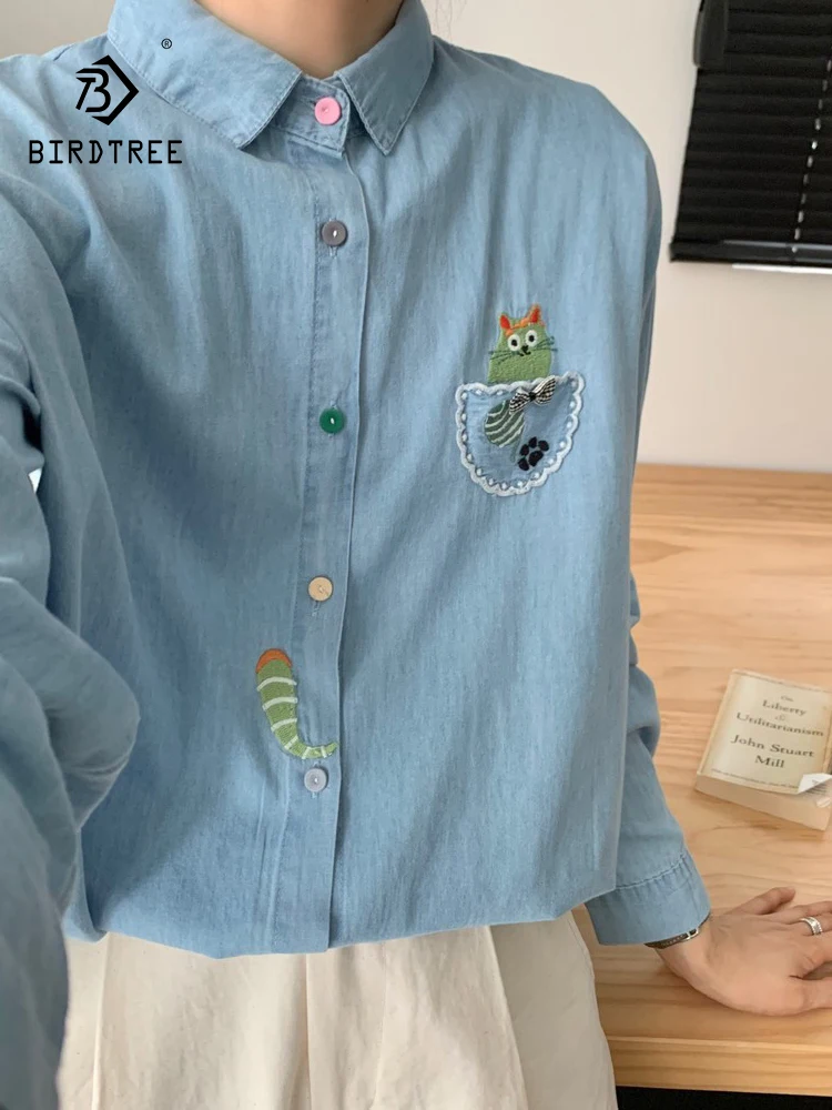 New Summer Cotton Long Sleeve Denim Shirt, Woman Lapel Embroidery Tops, Mori Girl Lace Sweet Loose Blouses, 2024 Fall T47682QC