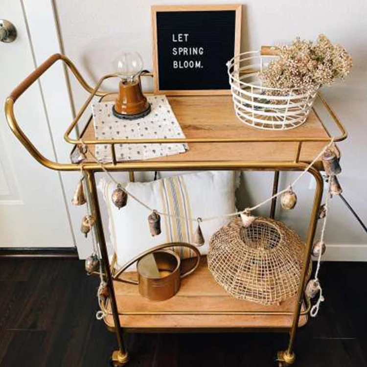 Hotel Restaurant Wooden Cart Service Food Wood Golden Modern Serving Trolley