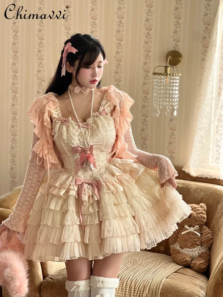 Lolita Exquisite Atmosphere Girl Doll Romantic Ballet Style Dress Spring Sweet Lace Splicing Birthday Party Lo Dresses Women