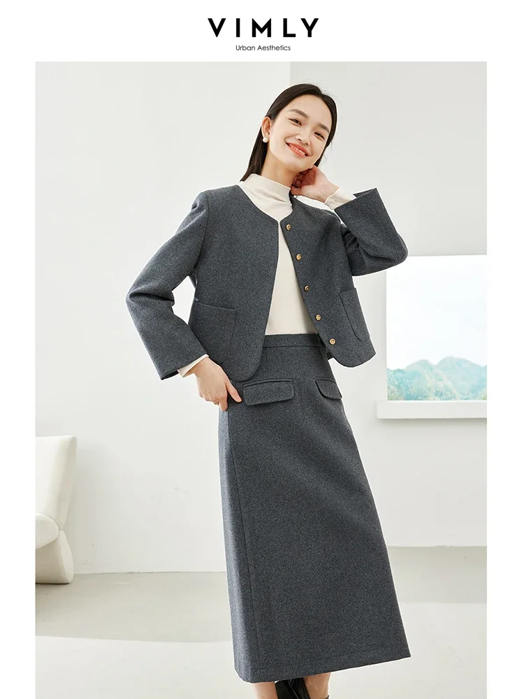 Vimly Elegant Wool Blend Skirt Set O-neck Quilted Jackets Elastic Waist Split Midi Skirts 2023 Winter Sets Womens 2 Piece 16260