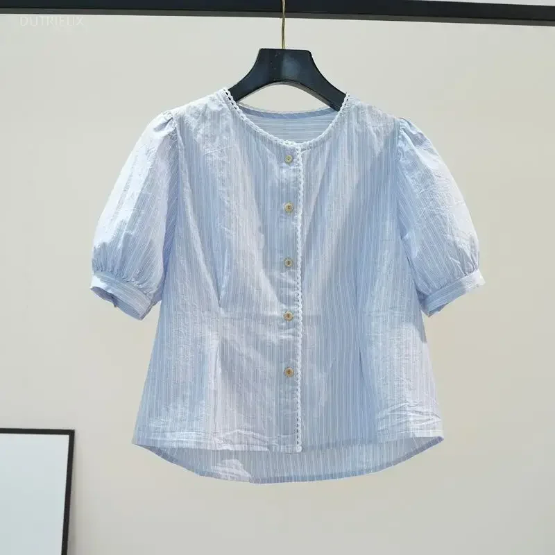 Striped Blouses 2026 Women's Clothing O-neck Short Sleeve Tunic Shirts Camisas De Mujer Slim Waist Crop Tops Chic Summer Blouse