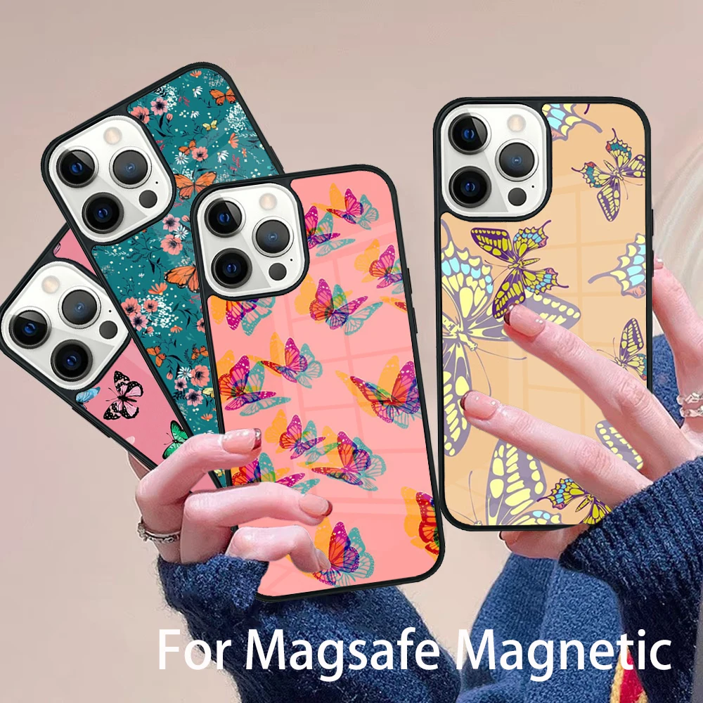

Cute Butterfly Phone Case Magesafe Magnetic Wireless Charge Cover For IPhone 16 11 12 13 14 15 Pro Max Plus Mini