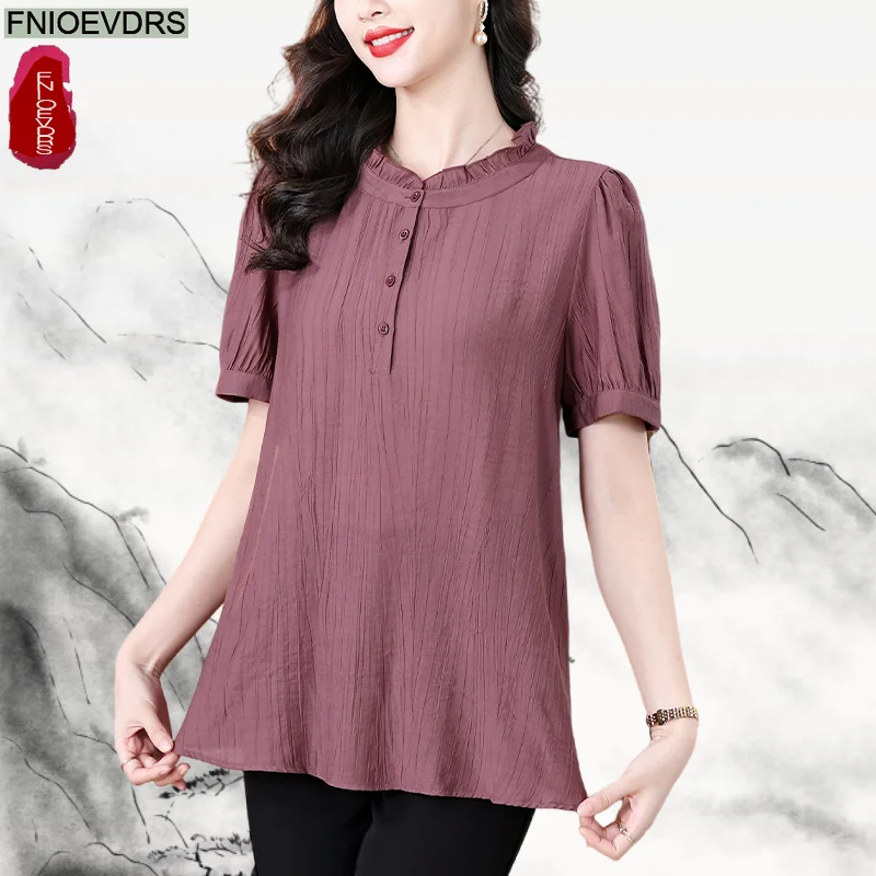 

Tunic Elegant Women 2025 Short Sleeve Office Lady Blouse Retro Vintage Lady Shirts Stand Collar Ruffles Cotton Line Tops