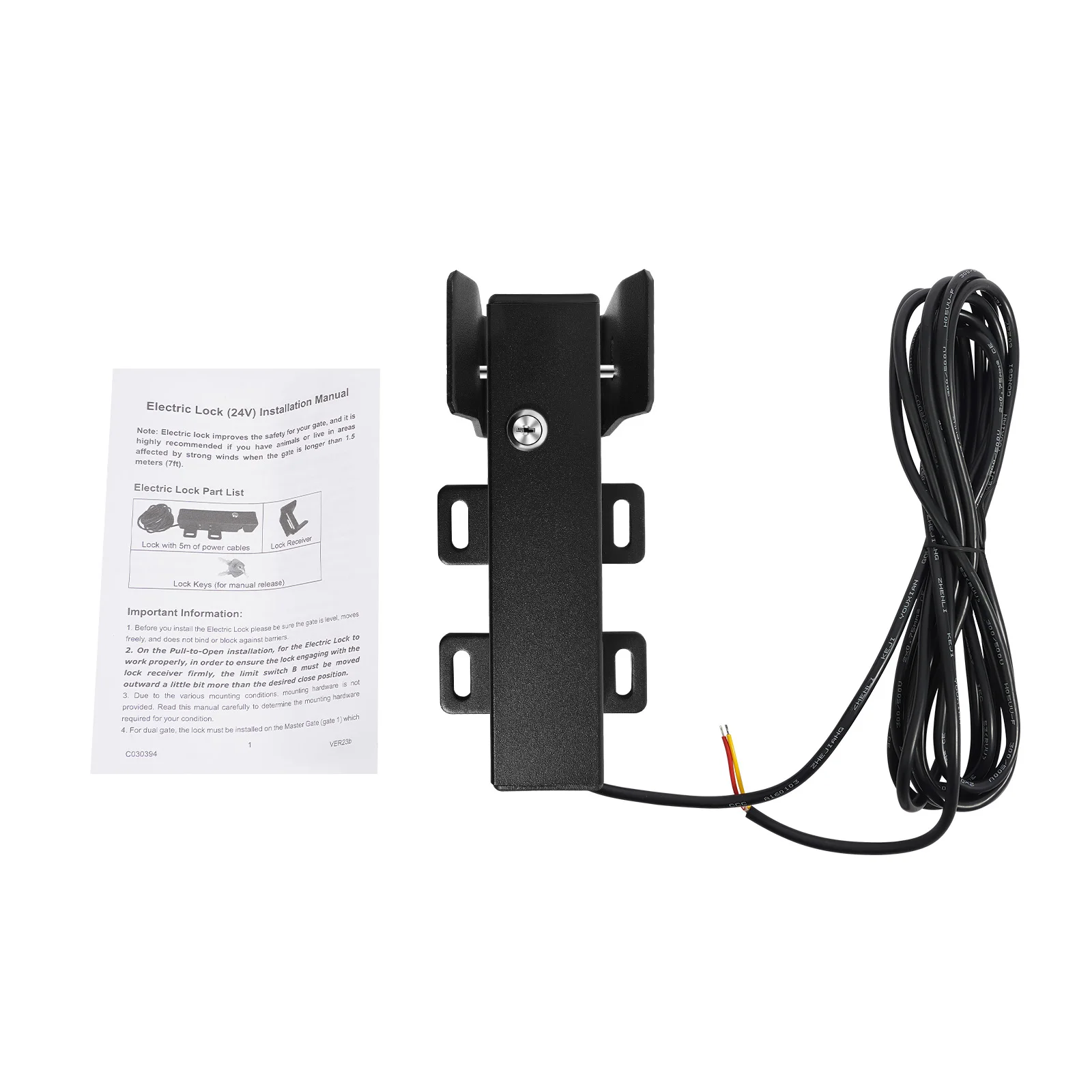 24V Electric Gate Lock, Access Control Gate Latch, IP44 Waterproof, Power-Off Unlock, Collision Lock, for Villa Garden Commercial Street, Wired Electric Door Lock with Keys, Black