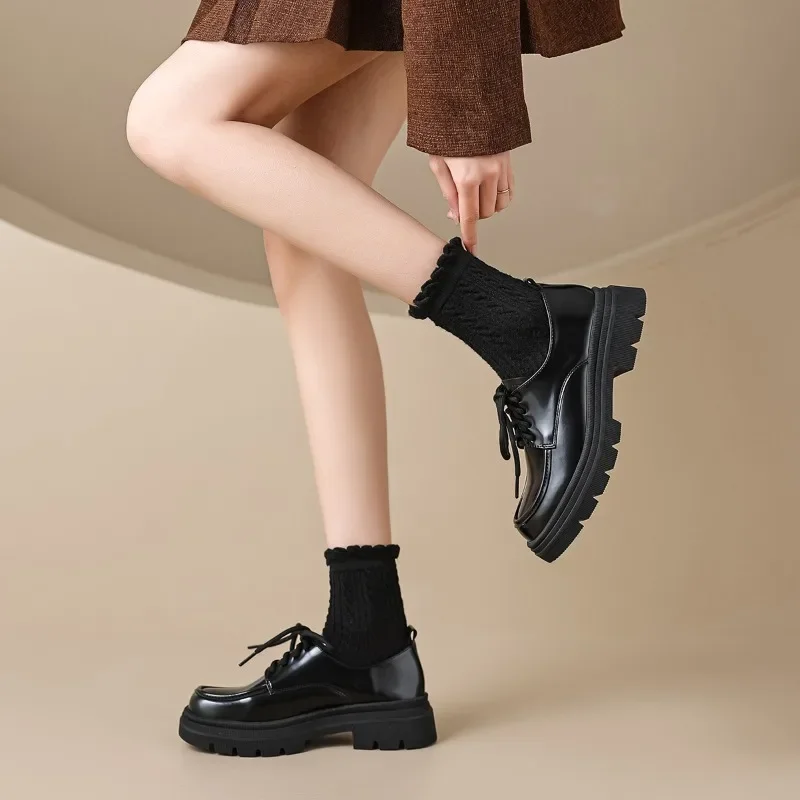 

Black Fleece Lined Thick Heel Oxford Style Women's Shoes Retro Style Flat Bottom Shoes Spring Autumn Season Round Toe Synthetic