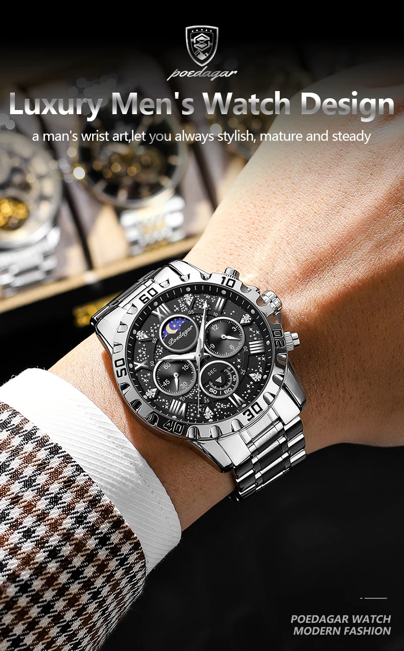 POEDAGAR Luxus Mann Uhr Wasserdicht Leucht Edelstahl Quarz herren Armbanduhr Chronograph Militär Uhren Für Männer Reloj – Detail 4