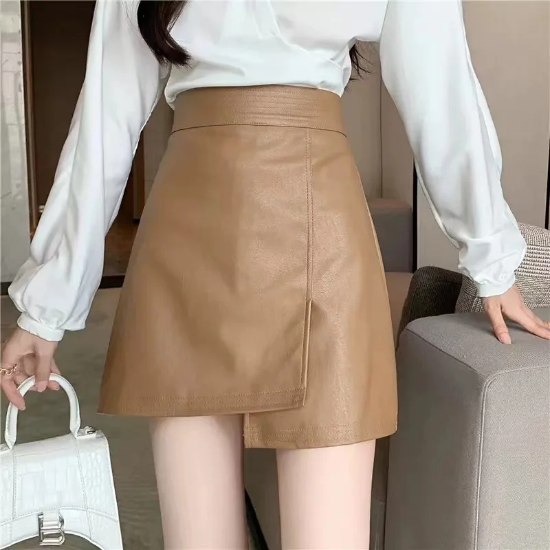 

Spring Summer New Lambskin Real Leather Skirt Asymmetrical ket Wrap around High Waist A-Line Midi Skirt for Women