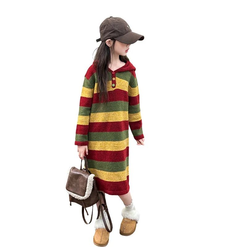 

Long Style Child Colorful Striped Sweater Dress For Girls Knitted Rainbow Hooded Dress Kids Fashion Streetwear Outerwear Clothes