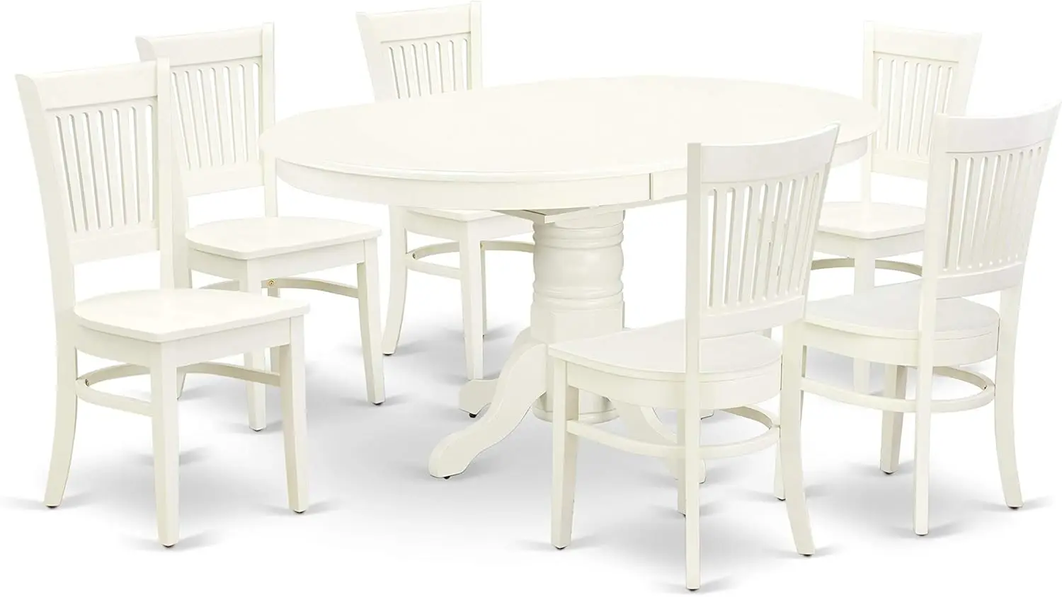 7 Piece Set Consist of an Oval Dining Room Table with Butterfly Leaf and 6 Wood Seat Chairs Linen White Solid Wood