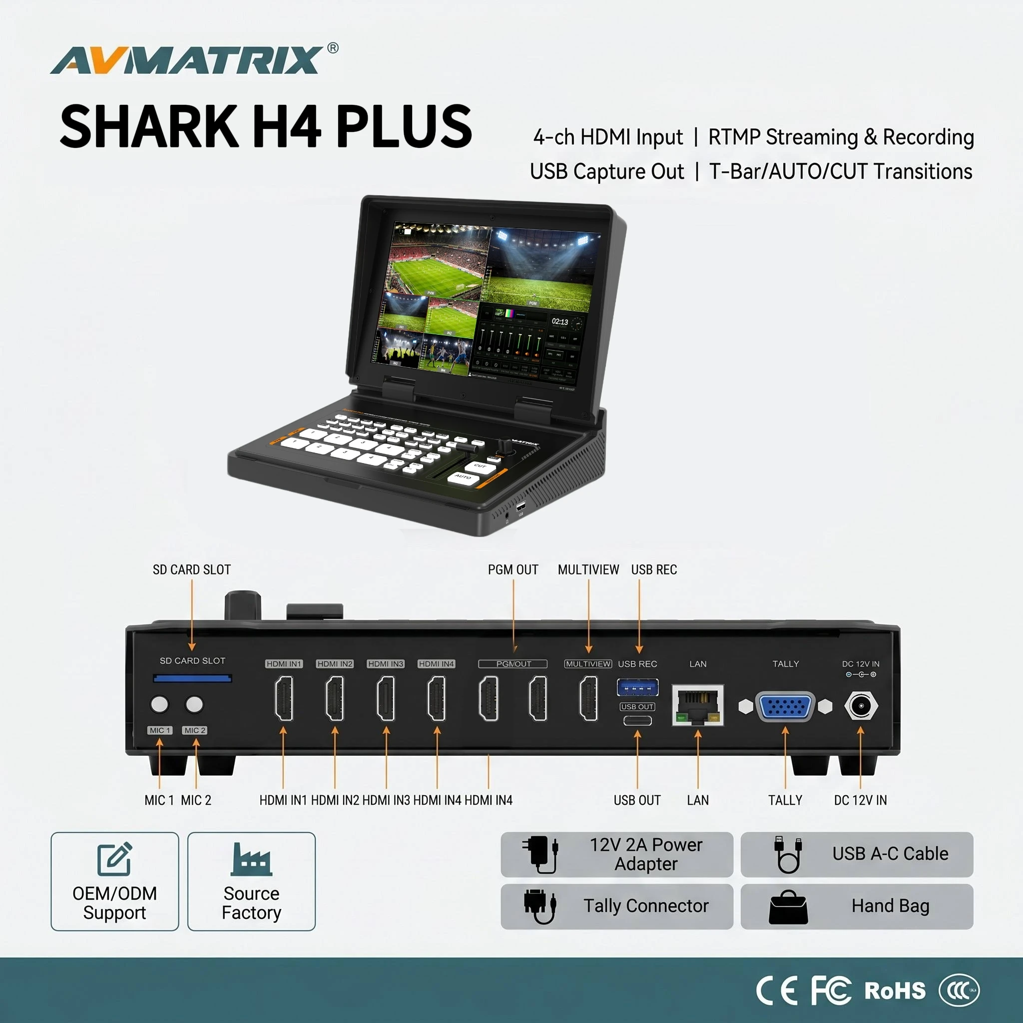 AVMATRIX Shark H4 Plus 4-Channel HDMI Video Switcher 10.1