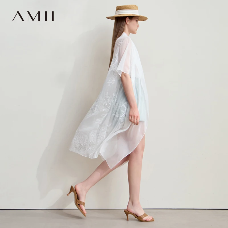 

Amii Minimalism Vacation Chiffon Shirt 2025 Summer New Office Lady Thin Loose Transparent Embroidery Floral Cardigan 12552108