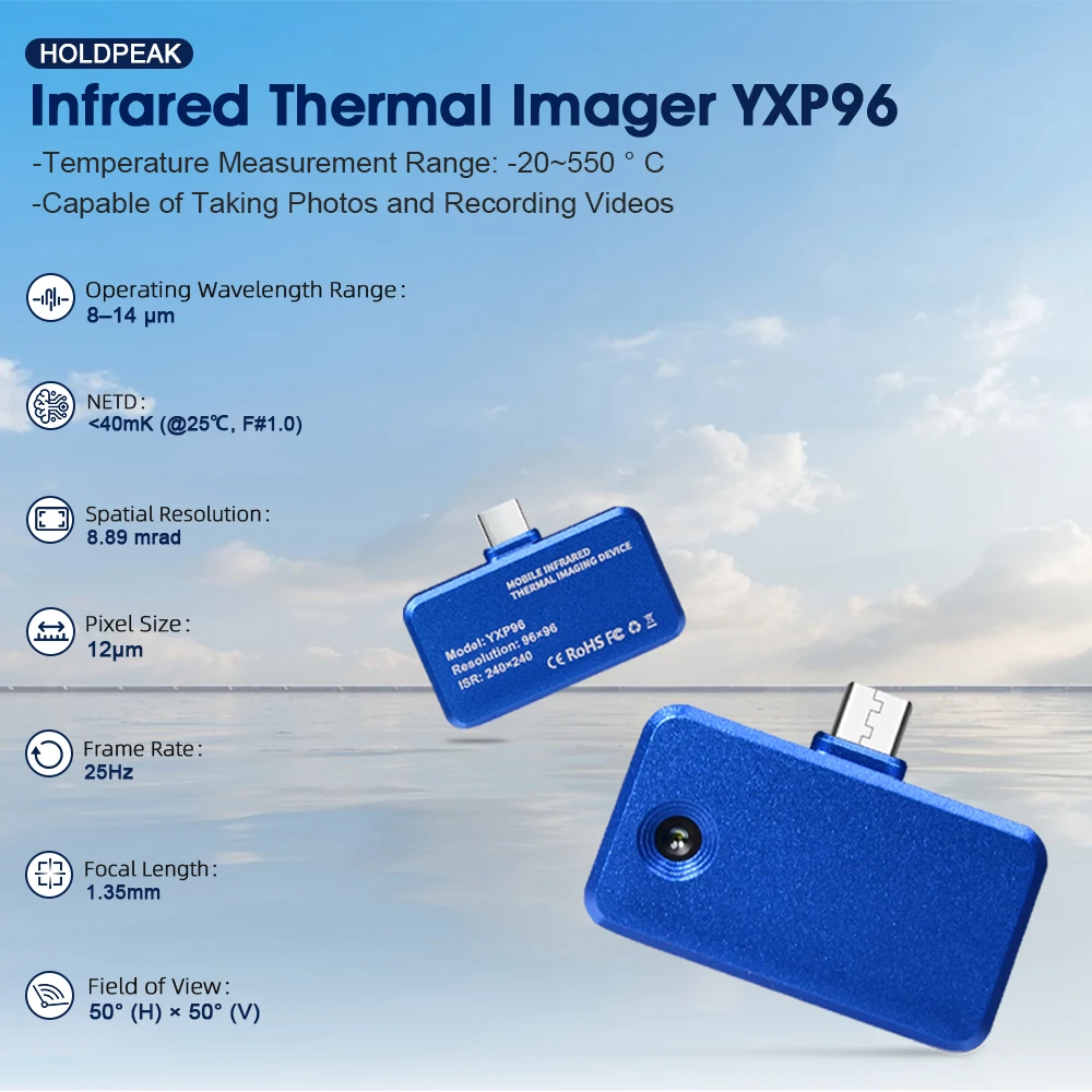 For Home Inspection, Electrical Diagnosis, 96×96 IR Resolution, Thermal Imaging Camera, 25Hz High Frame Rate, -20℃ to 550℃ Temp