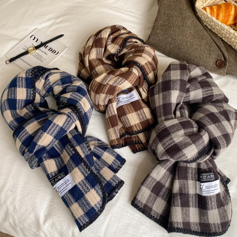 

Теплый клетчатый шарф для женщин и мужчин, зима 2025, модная толстая корейская винтажная клетчатая шаль с запахом