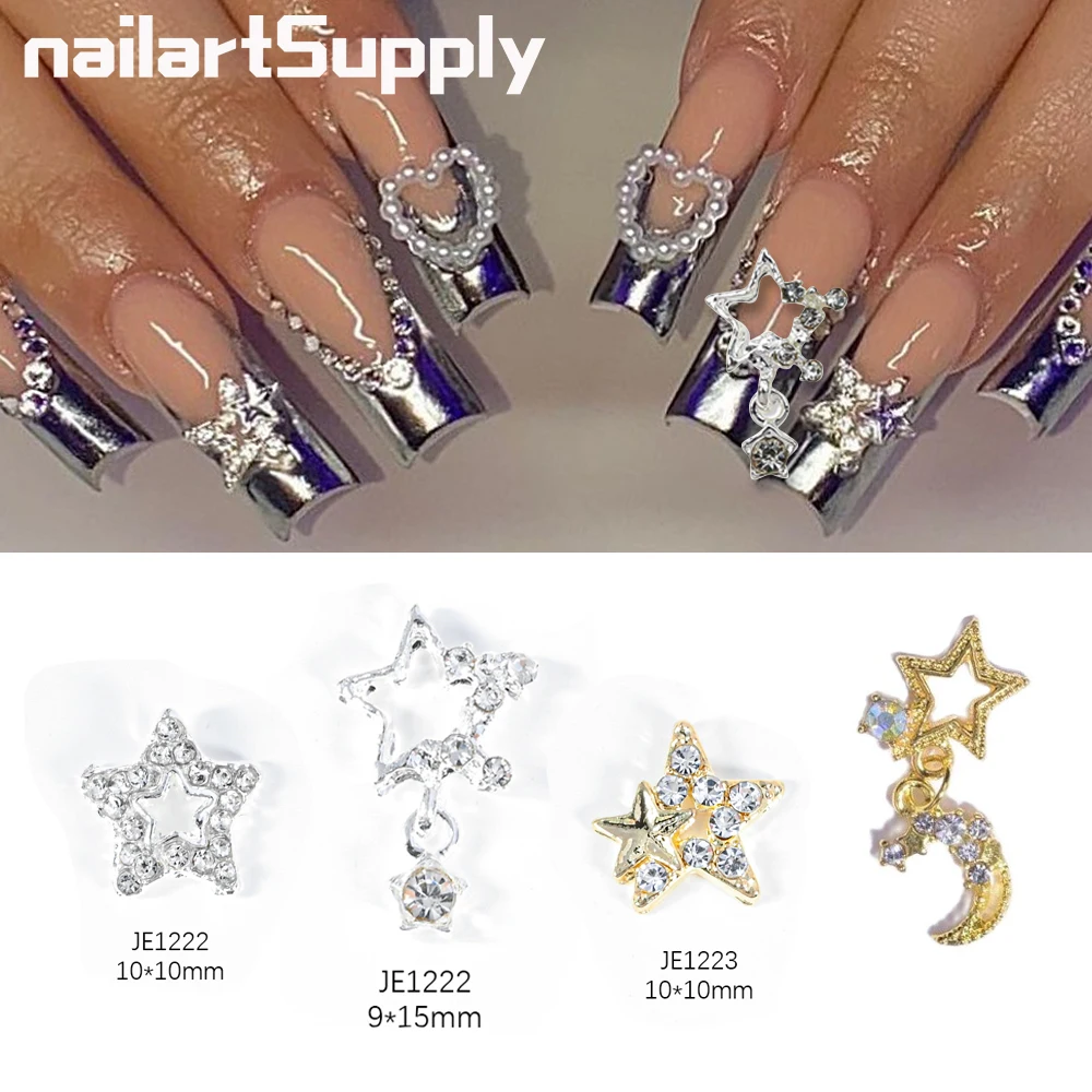 10Pcs Star Alloy Nail Art Jewelry Charm 3D Five-Pointed-Star Silver Crystals Diamond DIY Nail Art Trinkets Luxury Manicure Decor