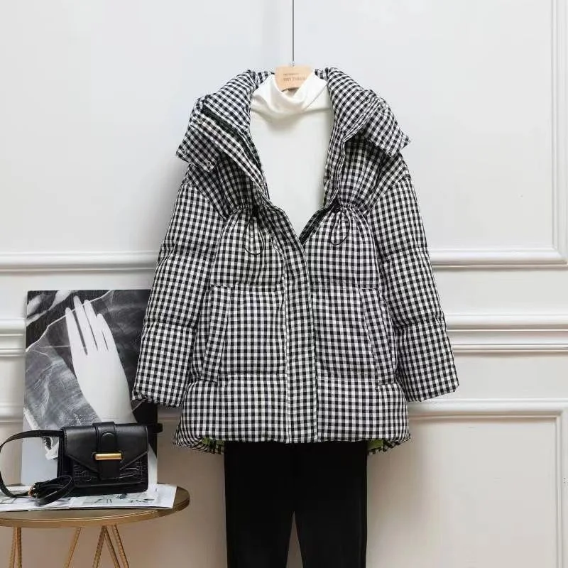 

Черно-белая клетчатая пуховая куртка с хлопковой подкладкой, женское длинное новое свободное пальто с капюшоном, парки, модное пальто с узором «гусиные лапки», одежда для хлеба