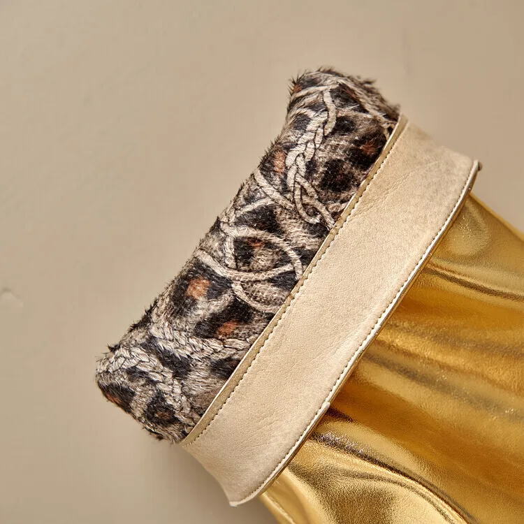 Gold Trouser Boots Shoes Shark Lock Women Boots Wide-calf Wedge Heel Knee High Boot Motorcycle Leather Boots