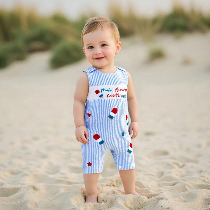 بدلة قفز مخططة للفتيات الصغيرات في الرابع من يوليو بدون أكمام ورقبة دائرية وطباعة مصاصة مع حروف مطرزة #2