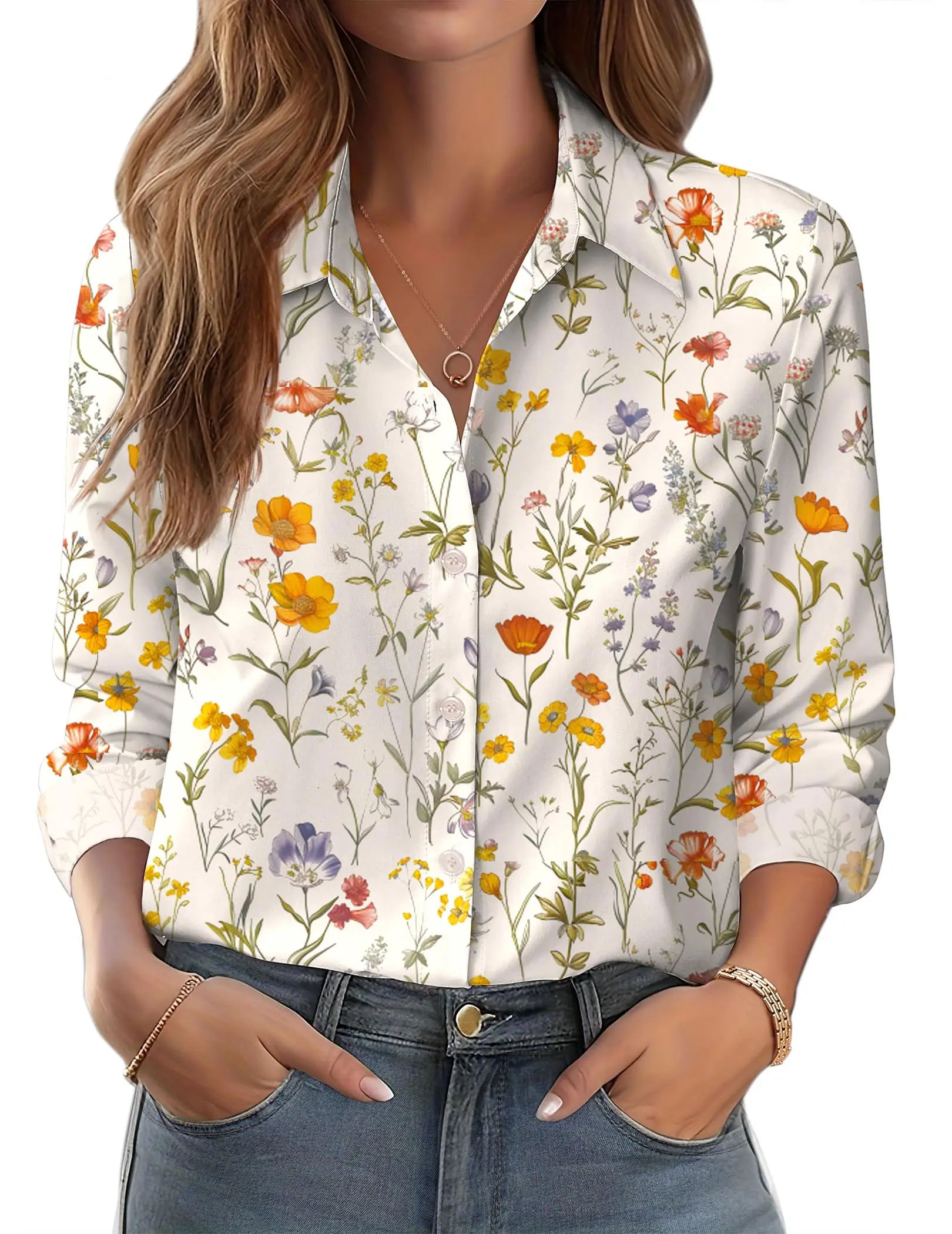 Ladies Elegant Floral Leaf Shirt Print Fashion Women Long Sleeve Shirt Simple Casual Work Tops
