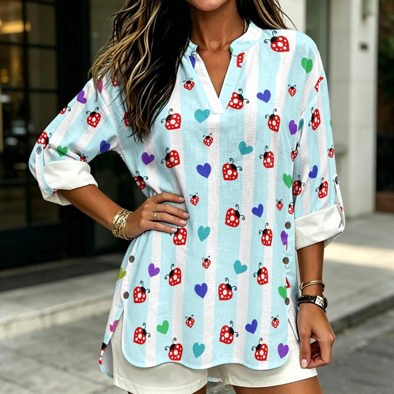 PENSTROLL Ladybug Heart Striped Pattern Linen Style Long Sleeve Tops for Autumn 3/4 Long Sleeve Casual Shirts Tunic Shirts