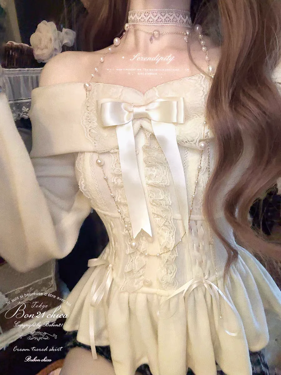 Princess sweet lolita shirt bobon21 Retro Nana slash neck Strapped Bow Knitted Shirt T2423