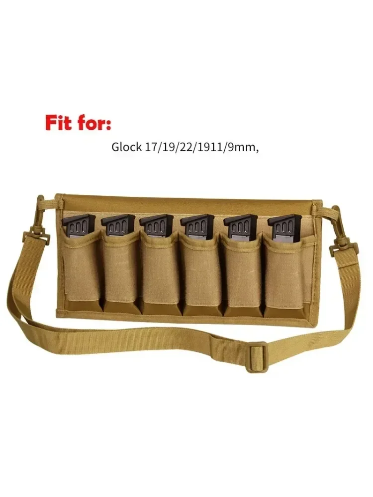 Pochette tactique Molle pour magazines 9mm, étui à 6 trous pour pistolet Airsoft, sac de rangement pour cartouche transversale pour Glock 17 19 22 Colt 1911