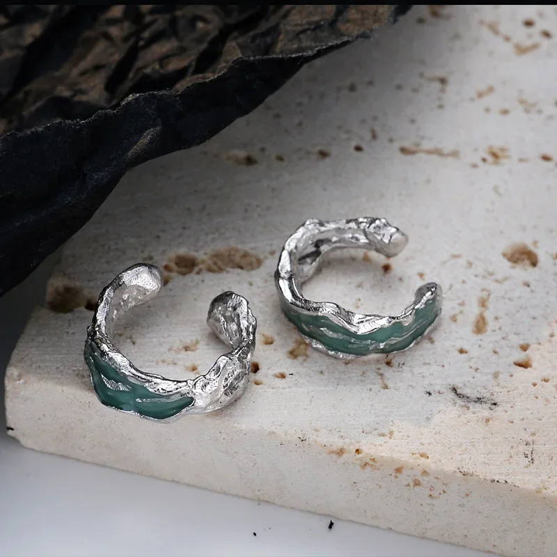 Ables Chic Solid 925 Silver Green Enamel Filled Corroded Element Ear Studs Bark Original Party Woman Earrings E1162 1 Piece