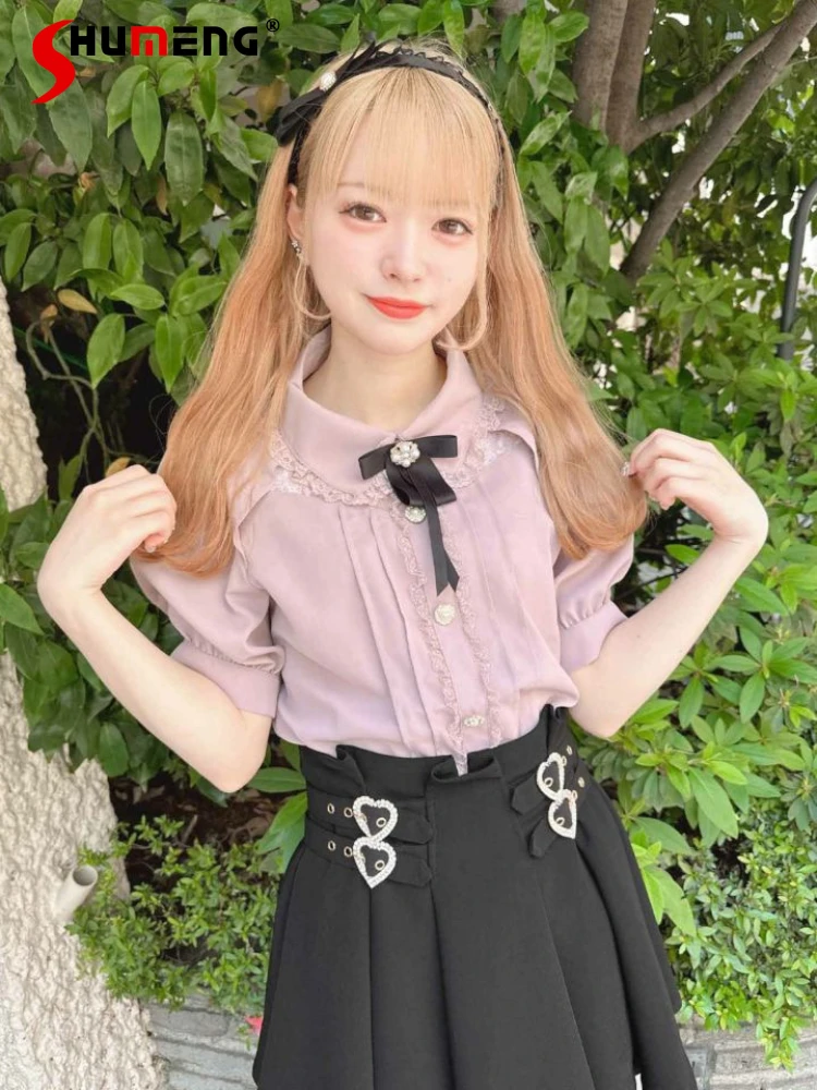 

Japanese Style Rojita Sweet Mine Bow Color Matching Lace Shirt 2023 Summer New Lolita Short Sleeve Blusas Femininas Elegantes