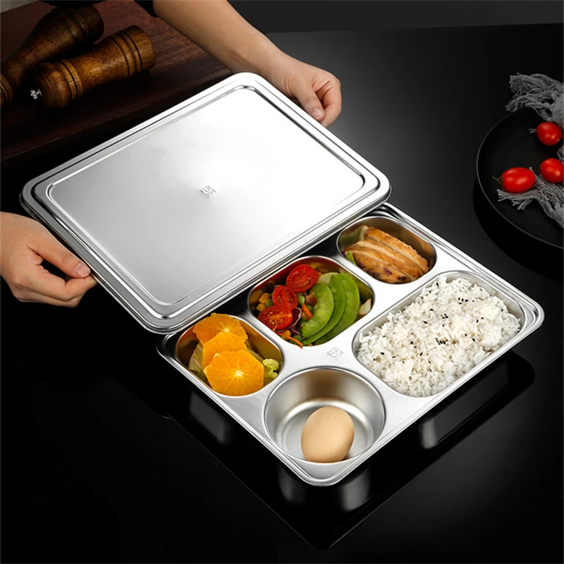 Stainless Steel Canteen Divided Dinner Plate with Lid 4/5 Compartments Lunch Box Kids Food Tray Container School Work Tableware