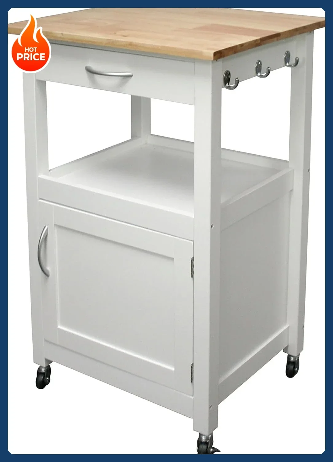 

[Best Seller!]Kitchen Island Cart on Wheels with Drawer, Storage Cabinet, Shelf and Natural Solid Hardwood Top, White Base