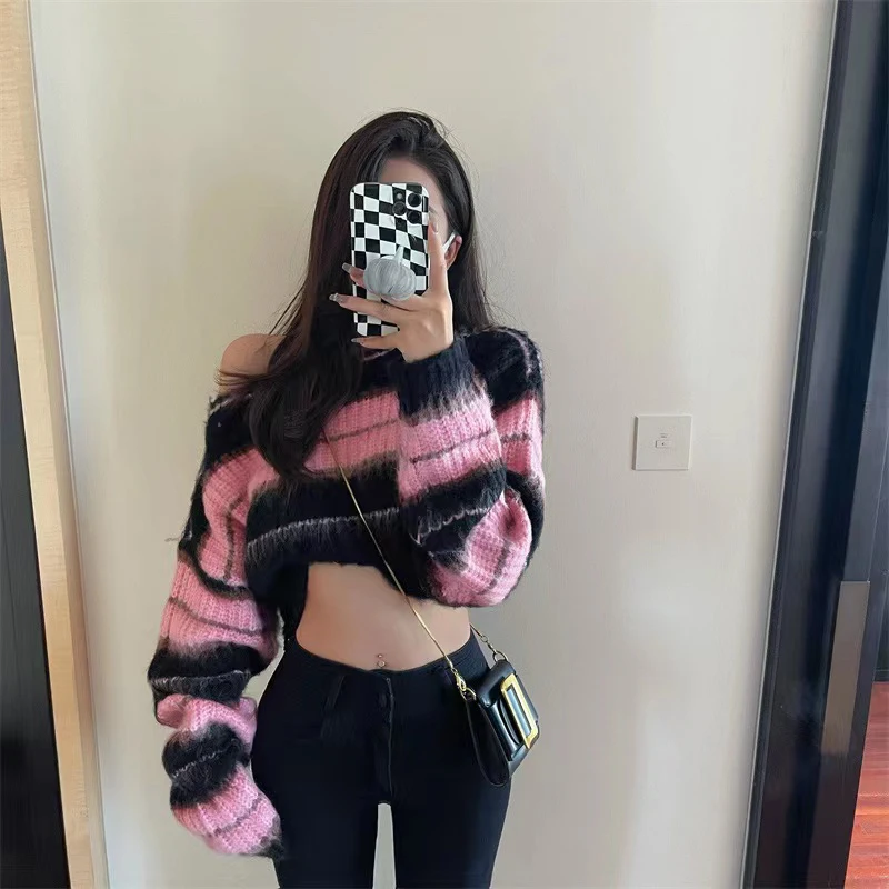 Y2k Women Striped Sweater Loose Fall Pullover Knit Crop Tops Long Sleeve Streetwear Pullover Jumper Sexy Off Shoulder Ladies Top