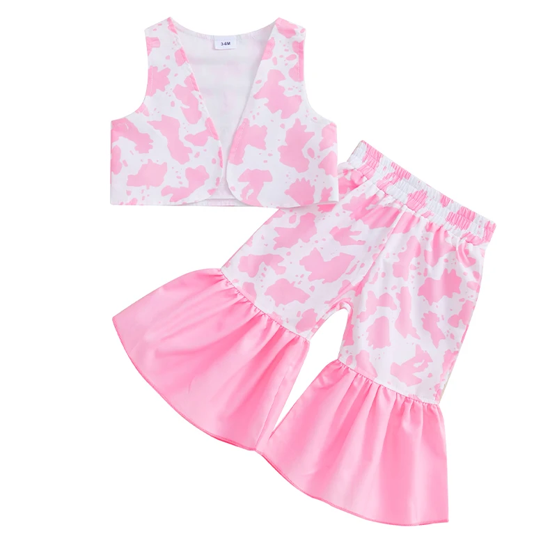 Toddler Girl Summer Outfits Fashion Print Sleeveless Vests Elastic Waist Flare Pants 2Pcs Clothes Set