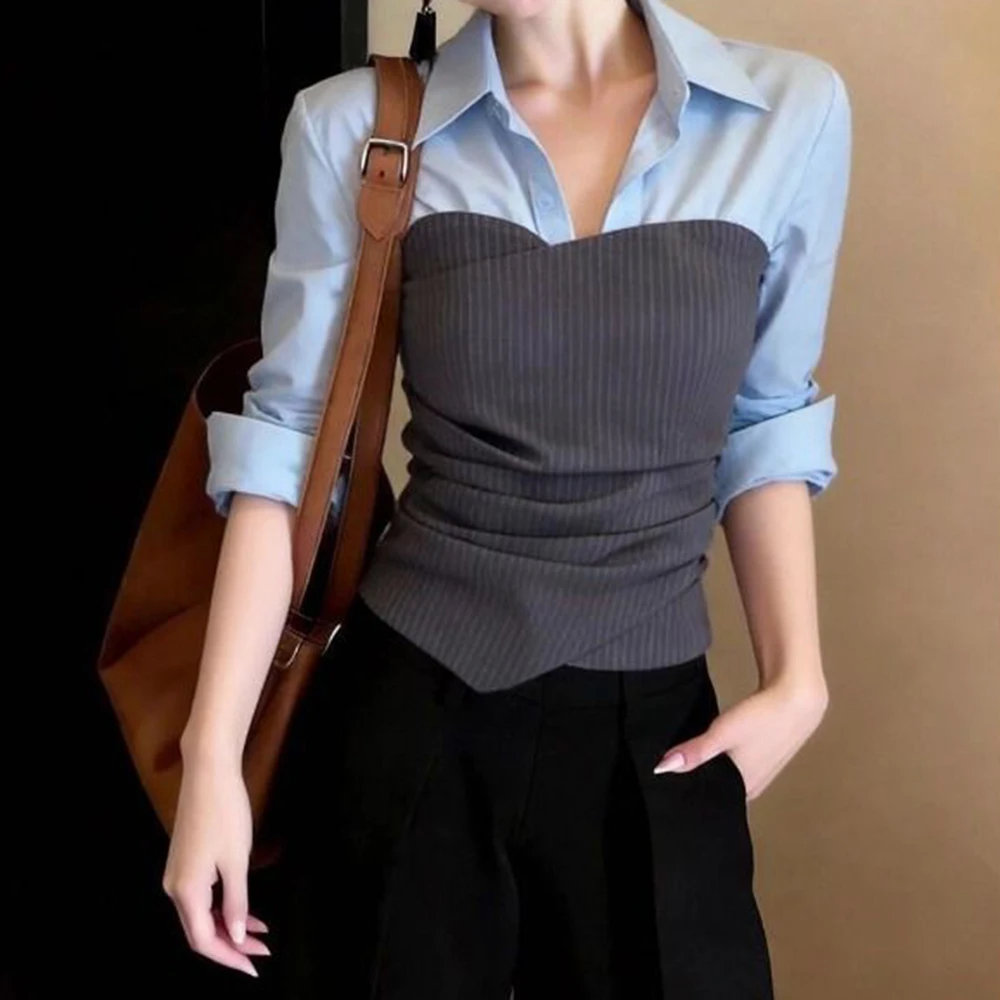 

Light luxury fake two-piece splicing shirt women's long-sleeved slim-fitting and thin commuter top 2026 spring new niche